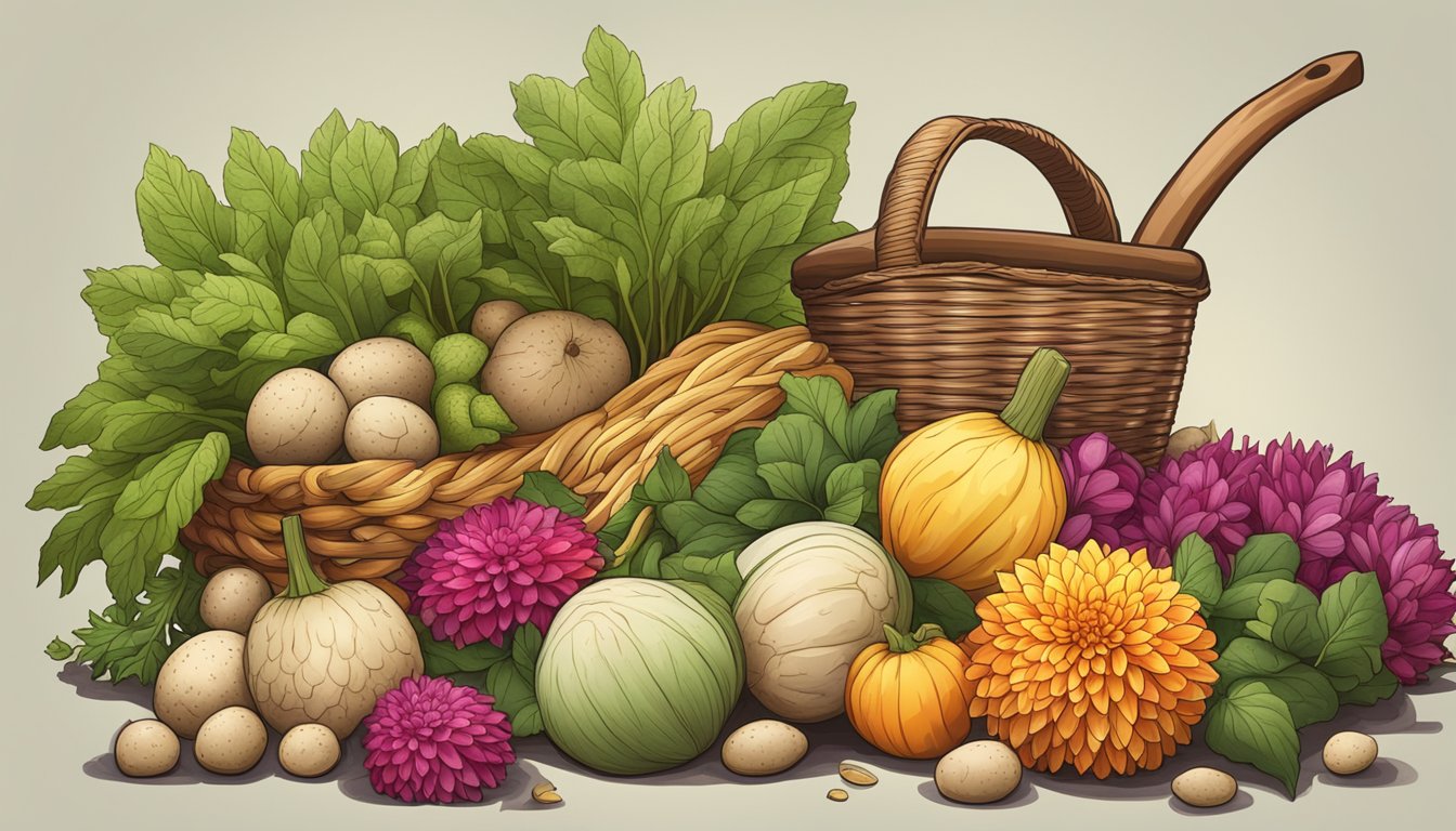 A pile of dahlia tubers next to a gardening shovel and a basket of freshly harvested vegetables