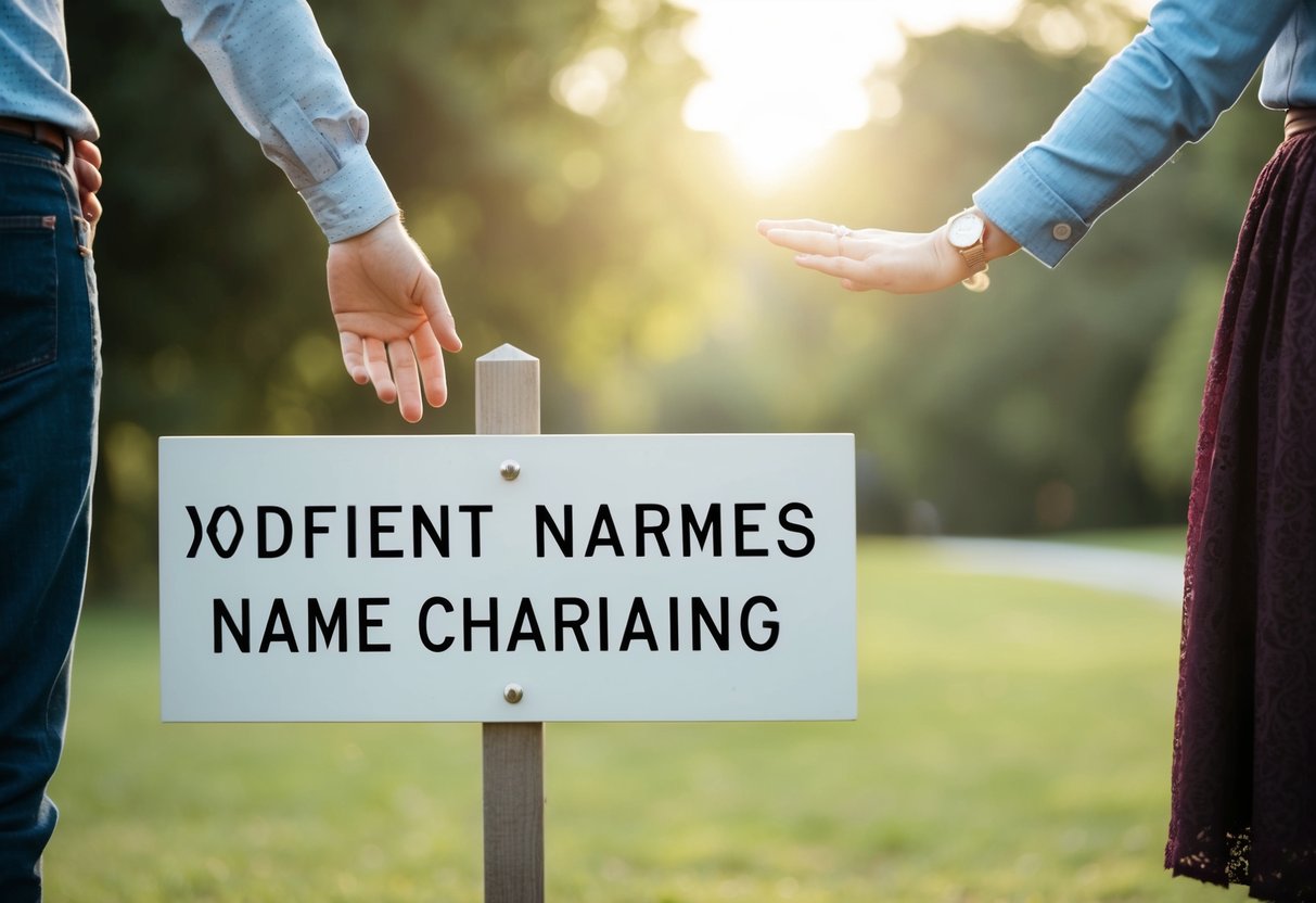 A couple holding hands, one person gesturing towards a sign with different last names, symbolizing the discussion and decision-making process around name changes in marriage