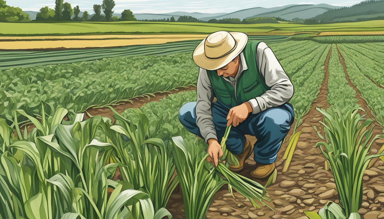 A farmer examining a patch of leeks, some still small and green, others fully grown and ready for harvest