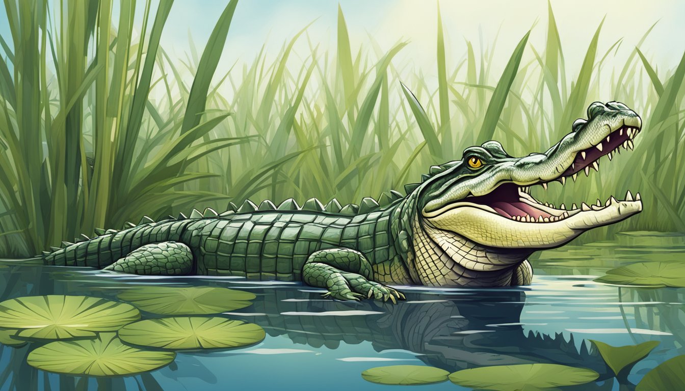 A crocodile standing in a swamp, surrounded by reeds and water lilies, with its mouth open and sharp teeth visible