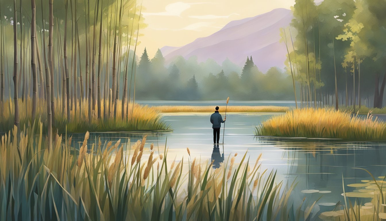 A tranquil wetland with tall cattails and a serene pond. A person observes the cattails, taking note of their unique characteristics