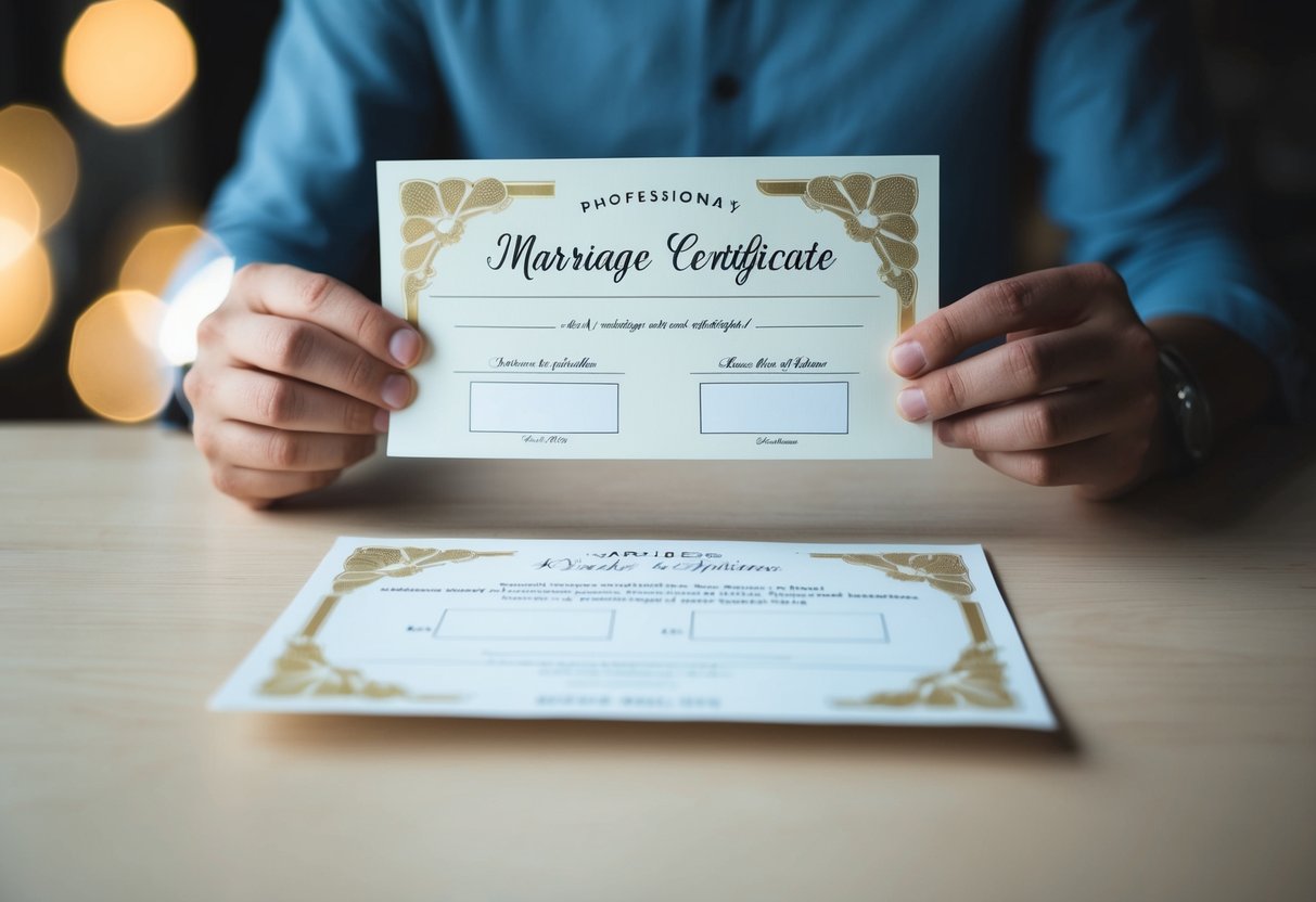 A person holding a marriage certificate with two blank spaces for names, contemplating whether to write their girlfriend's last name