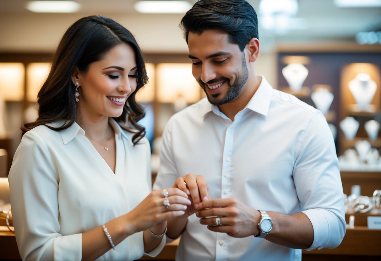 A couple browsing wedding rings together at a jewelry store