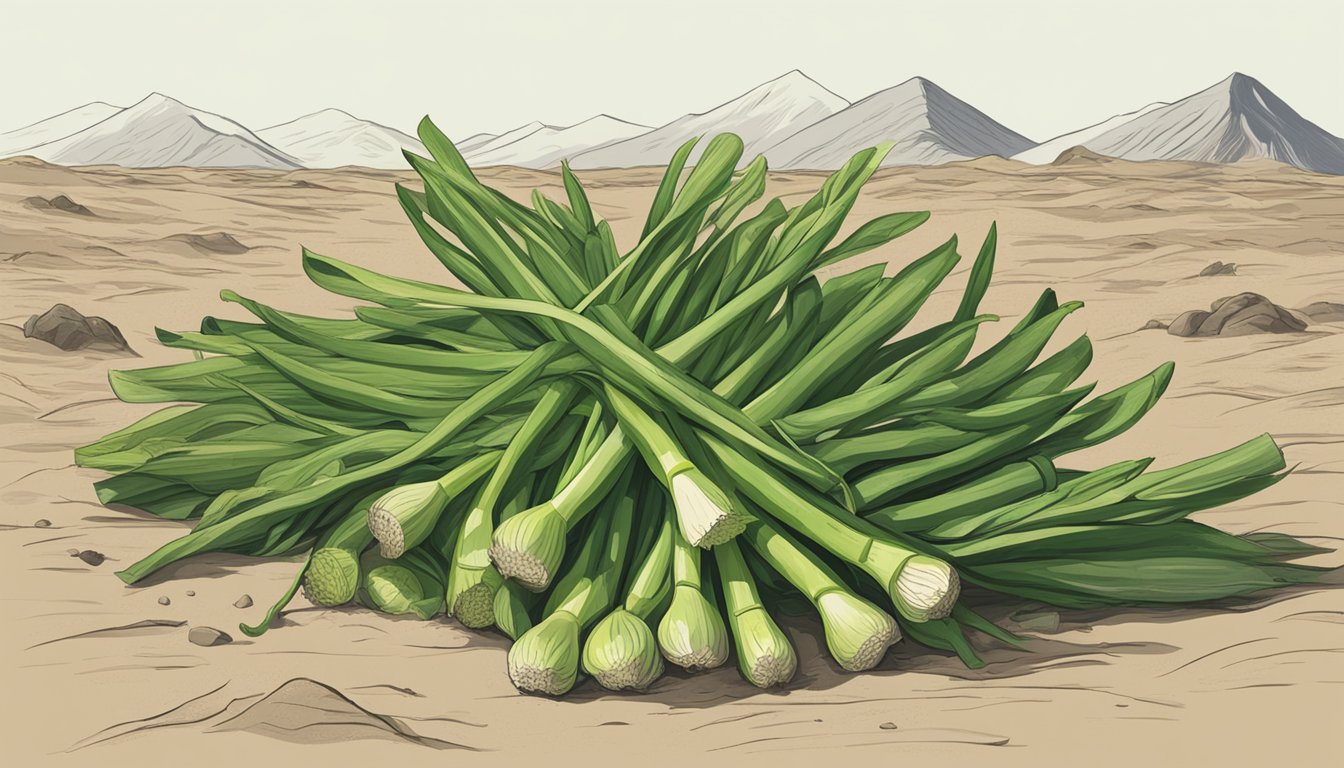 A pile of unripe leeks with a warning sign next to it