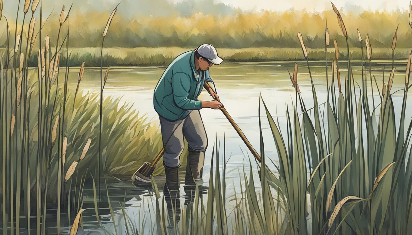 A person picking cattails from a marshy area, examining them closely for potential consumption