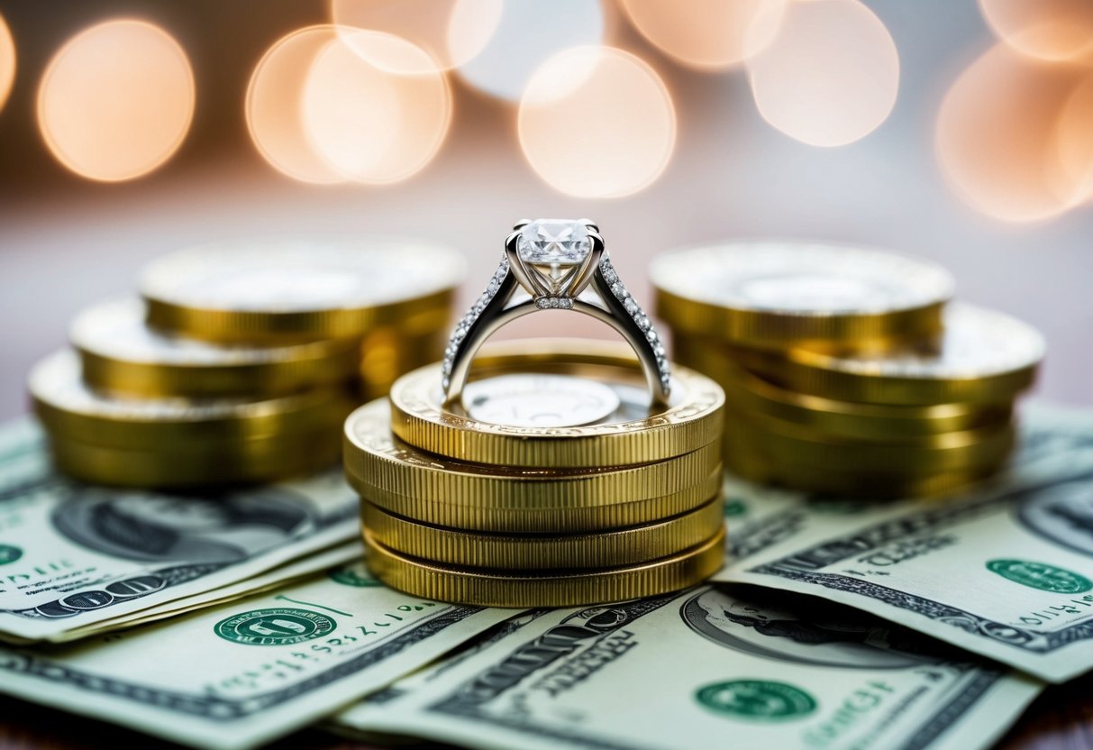 A sparkling engagement ring surrounded by three stacks of cash