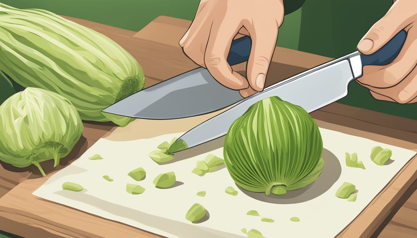 A person cutting into an unripe leek, inspecting the texture and color