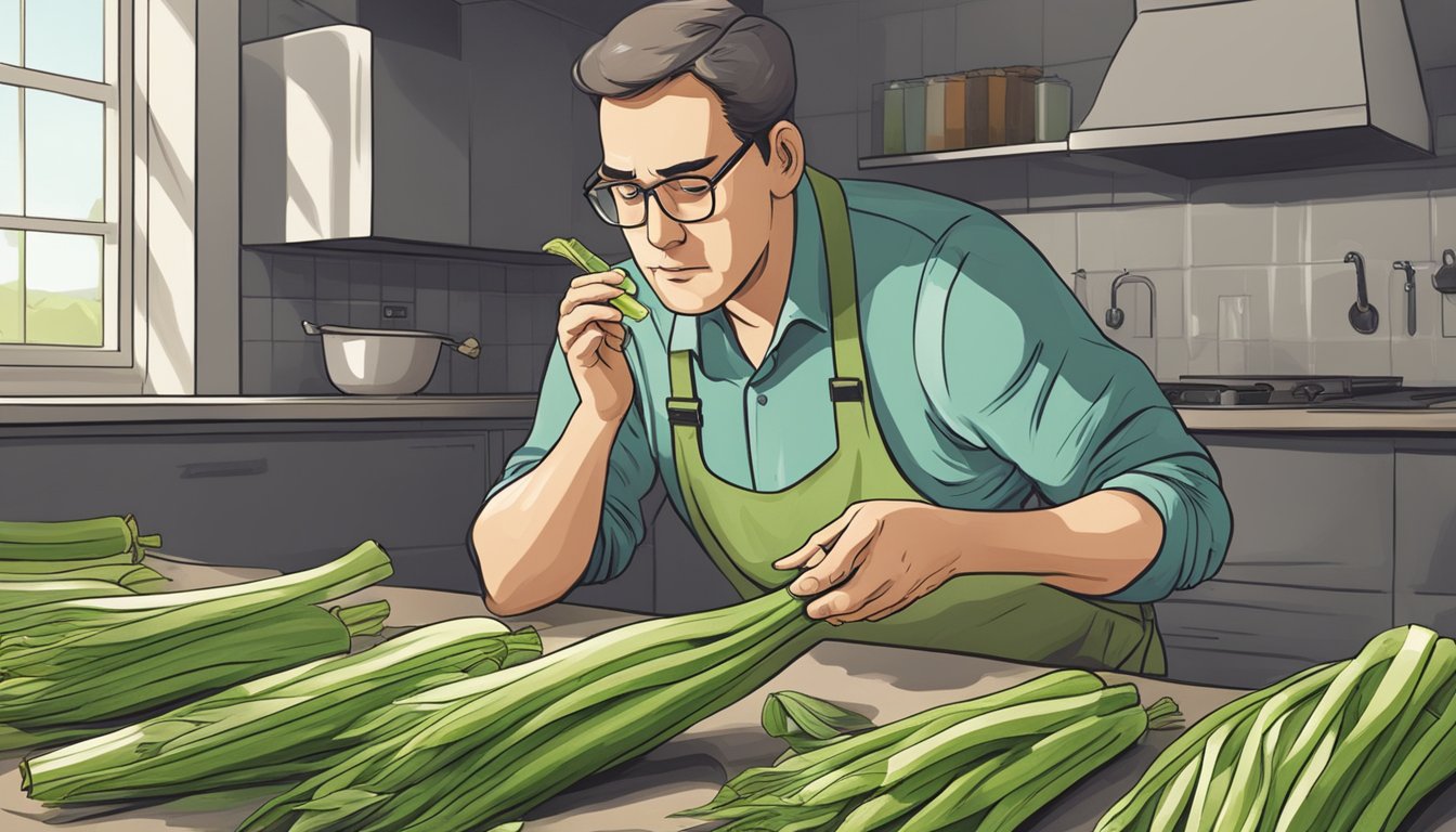 A person inspecting unripe leeks for safety, with a concerned expression