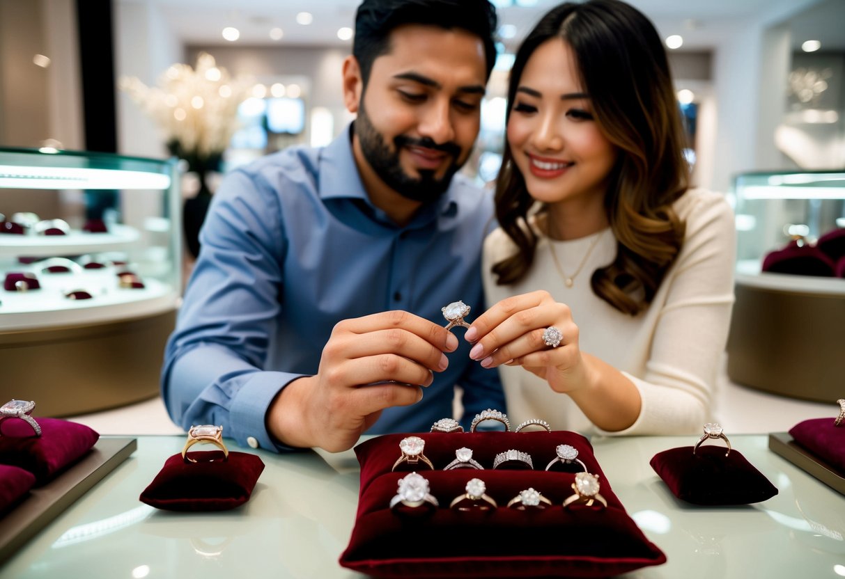 A couple sits together, examining a variety of wedding rings displayed on a velvet cushion in a jewelry store