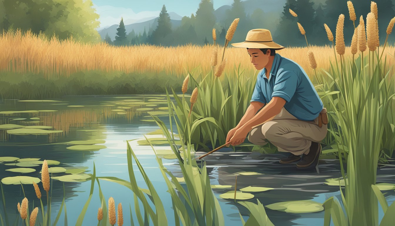 A person foraging for cattails by a serene pond, carefully selecting and inspecting the plant for culinary use