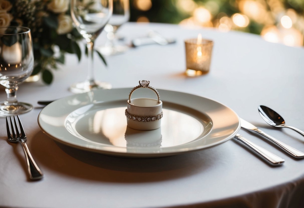 A table with a single place setting, no wedding band