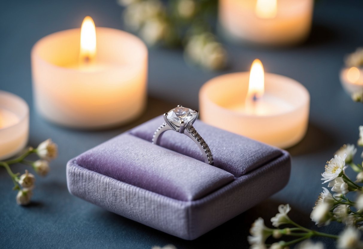 A sparkling diamond ring rests alone on a velvet cushion, surrounded by soft candlelight and delicate floral arrangements