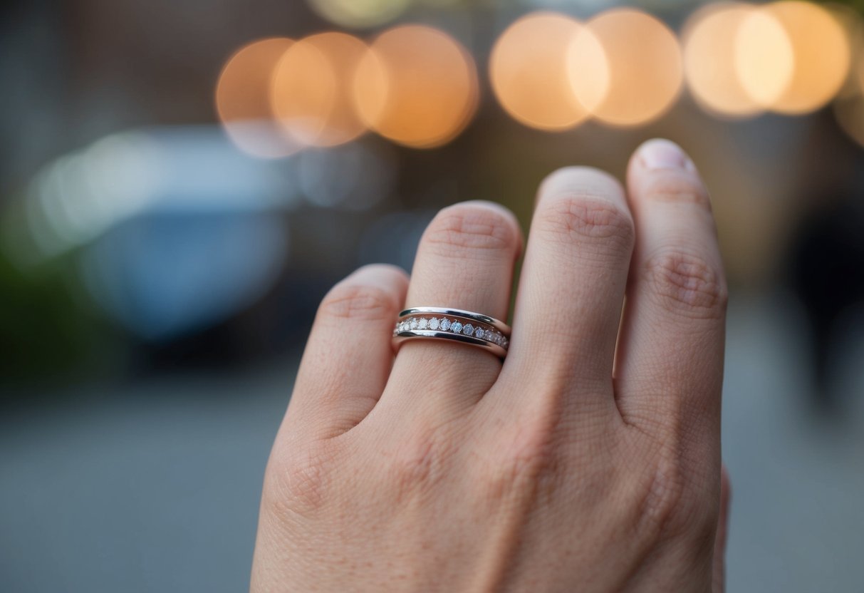 A person's bare left ring finger with no wedding band