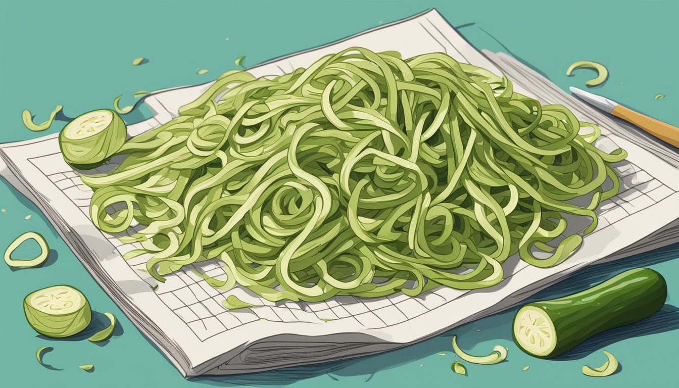 A pile of wilted zucchini noodles next to a calendar showing an expired date