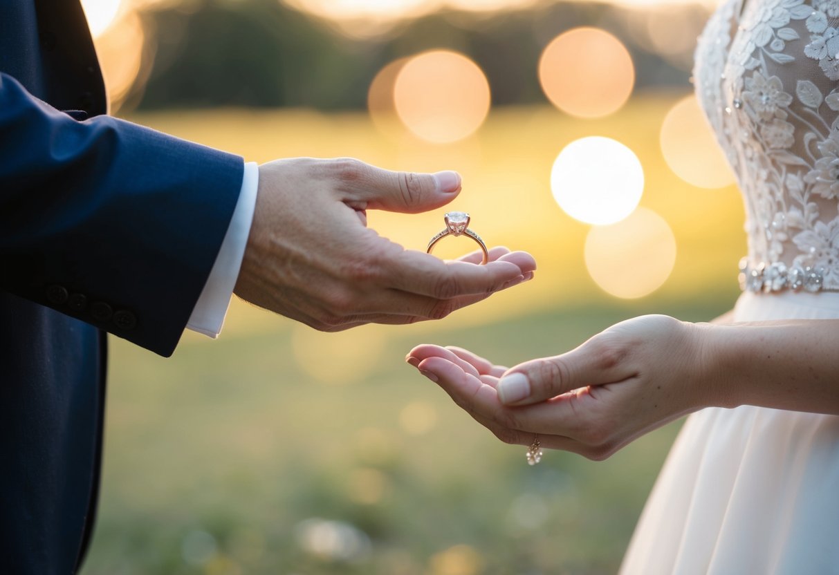 A man's hand holds out a wedding ring towards a woman's hand. Both hands are surrounded by a soft glow, symbolizing the love and commitment of marriage