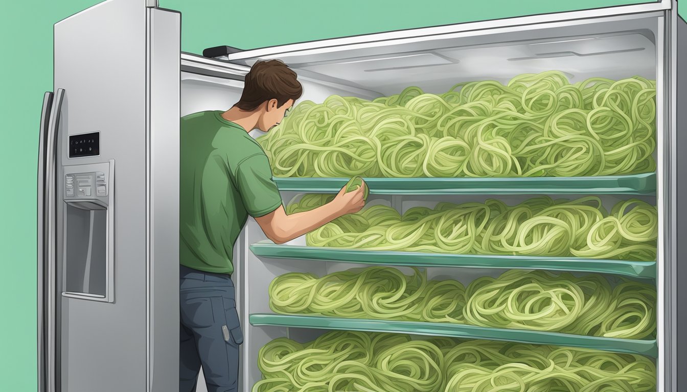 A person discovering moldy zucchini noodles in a refrigerator