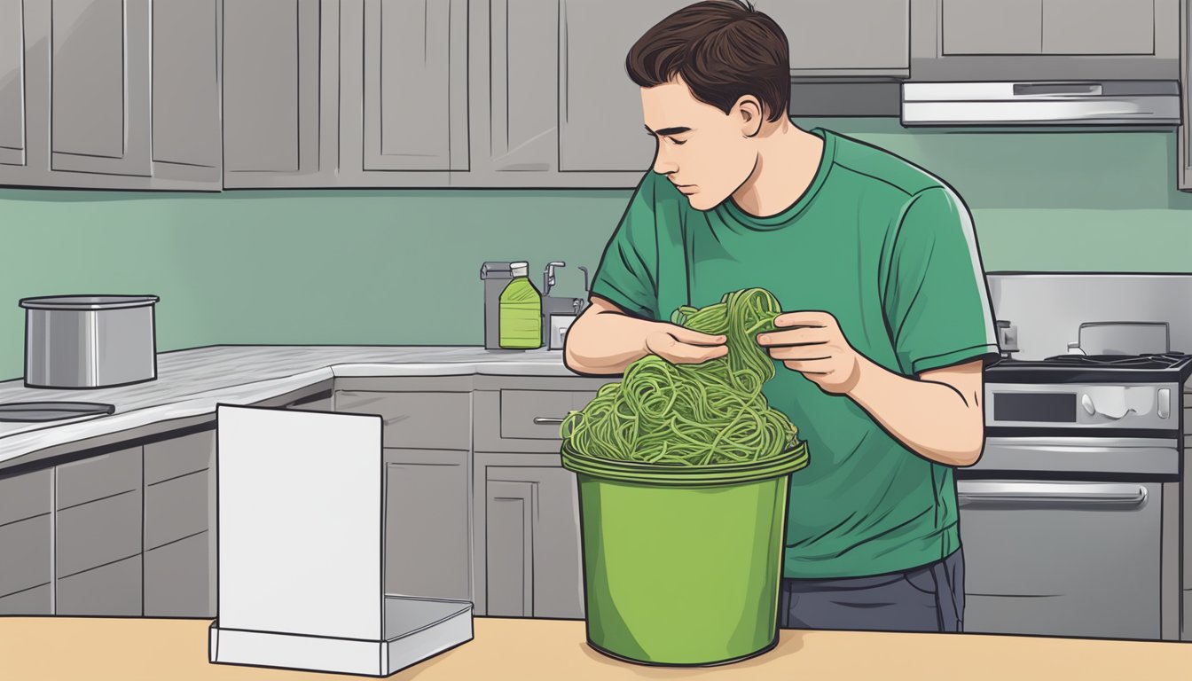 A person looks at a package of expired zucchini noodles while holding a trash can, debating whether to consume or discard them