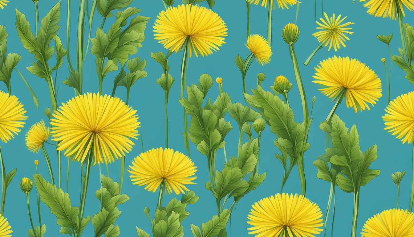 A vibrant bunch of dandelion greens, with bright yellow flowers, set against a backdrop of lush greenery and a clear blue sky