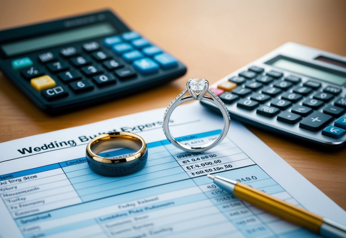 A wedding ring placed on a table with a calculator, wedding budget spreadsheet, and various wedding-related expenses