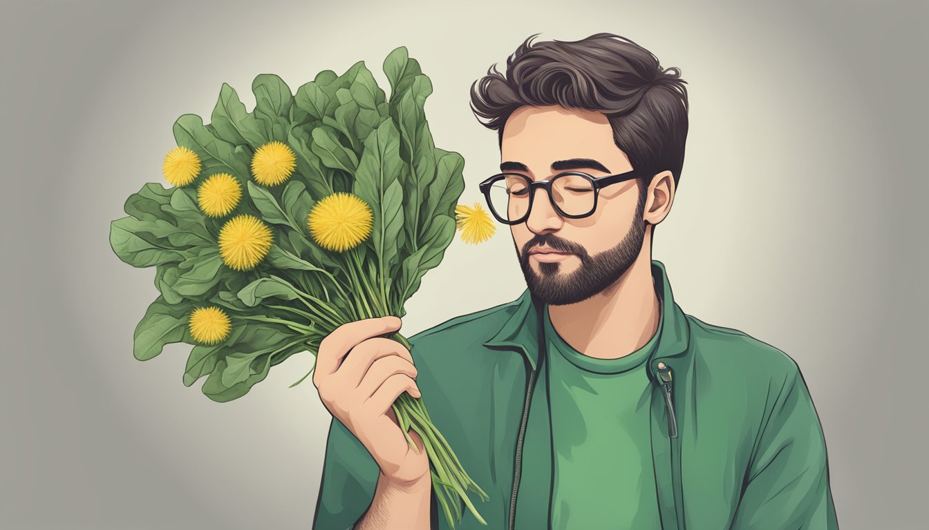 A person holding a bunch of dandelion greens, with a question mark hovering above them