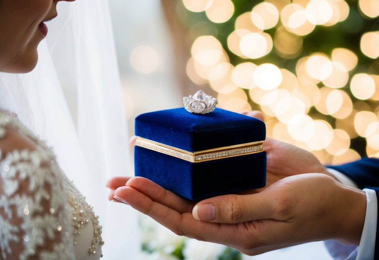 A small velvet box is presented to the bride