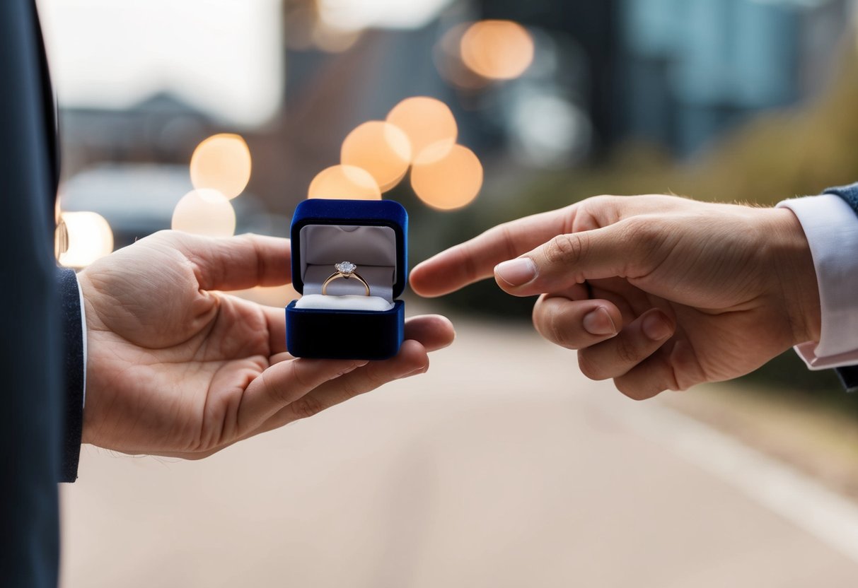 A hand holding a wedding ring box, with another hand reaching out to accept it