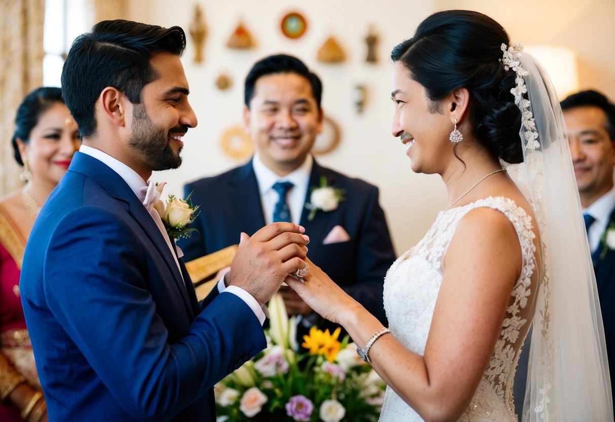 A groom presents a ring to the bride, surrounded by cultural and personal touches such as flowers, music, and family heirlooms