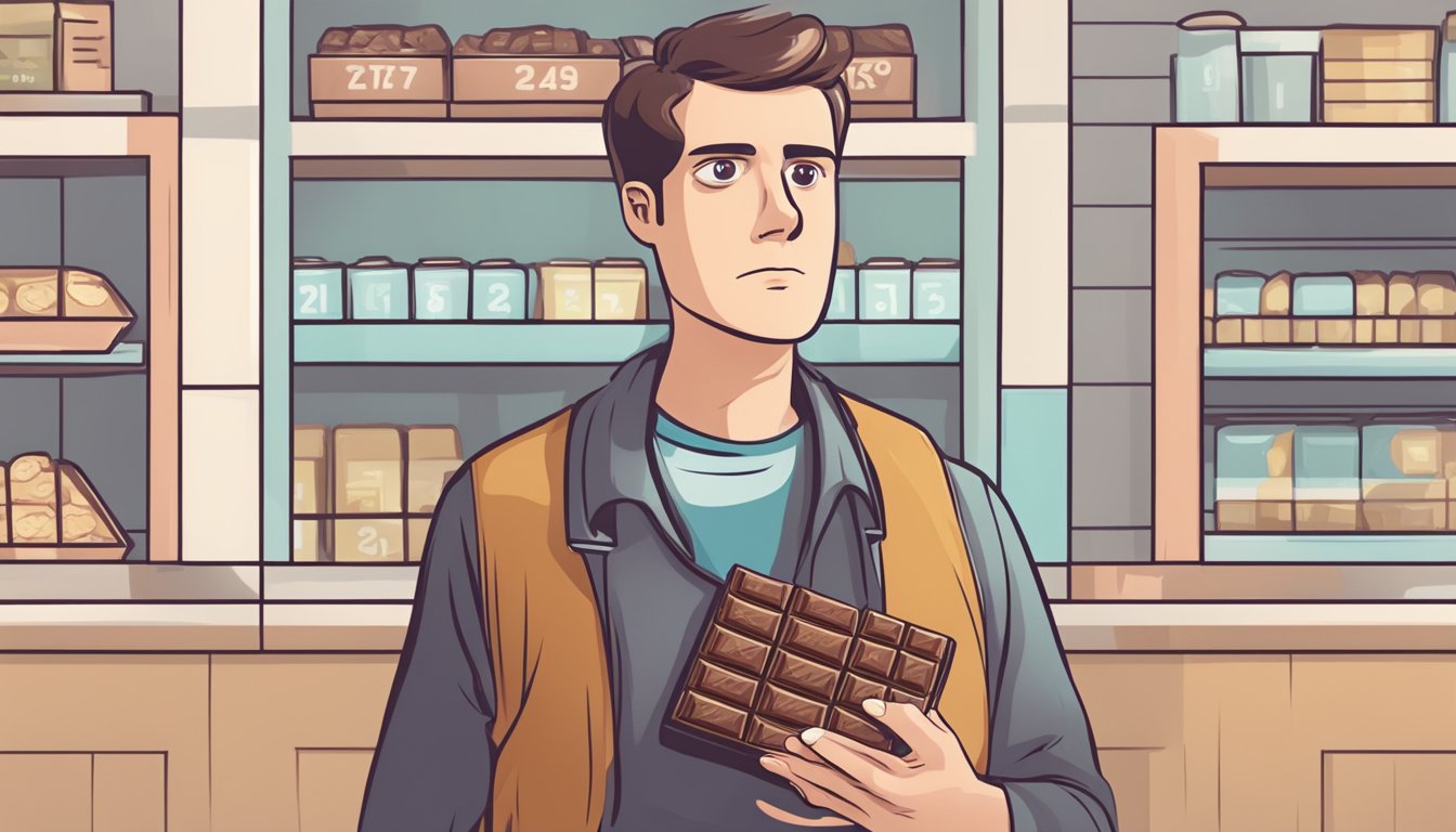 A person holding a bar of expired baking chocolate, looking at the expiration date with a concerned expression