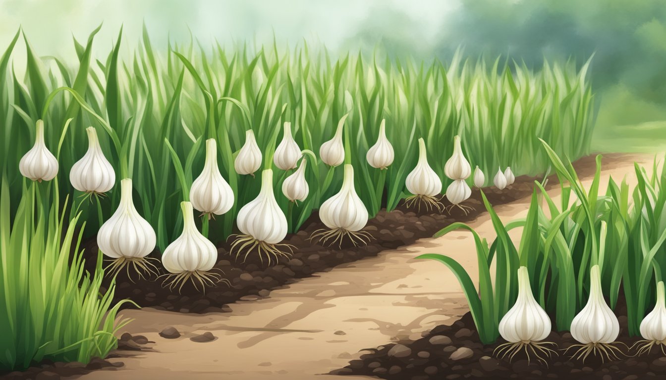 A garden scene with garlic plants at different growth stages, from small sprouts to fully mature bulbs, with a clear focus on the unripe garlic