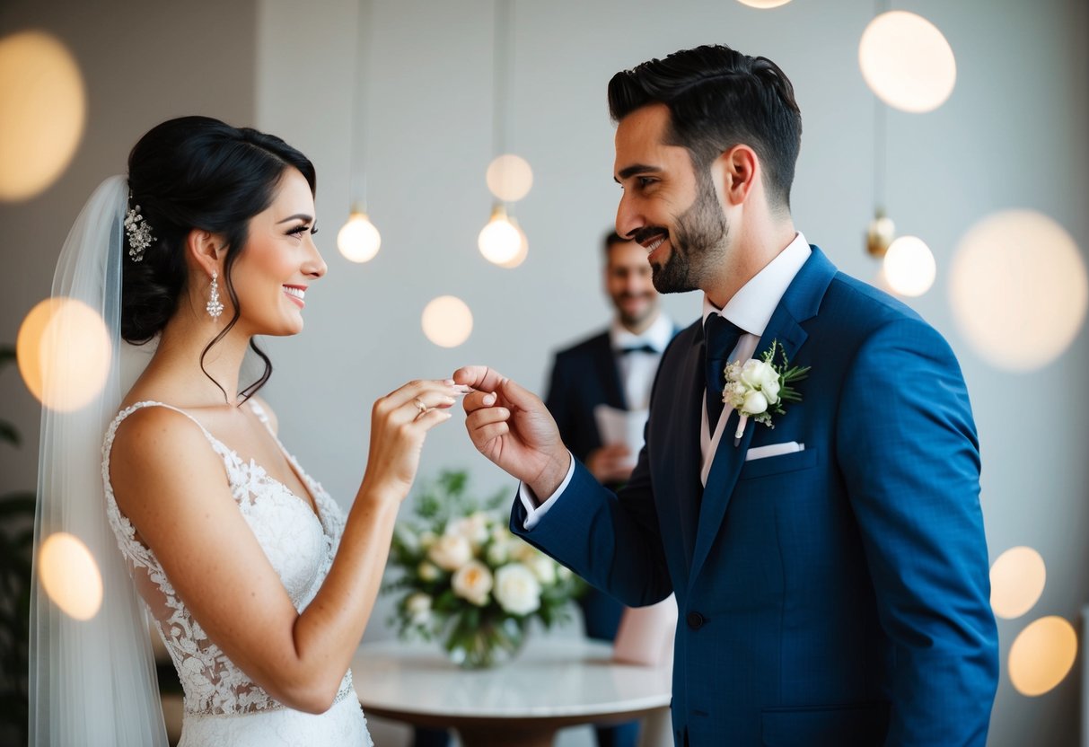 A groom presents a ring to a bride, surrounded by modern decor and symbolic elements of their relationship