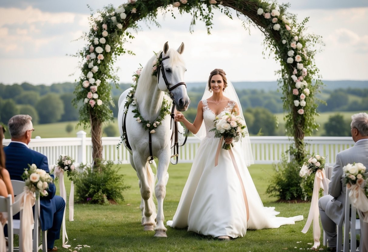 A majestic white horse leads the bride to the altar, adorned with flowers and ribbons, surrounded by a serene and picturesque landscape