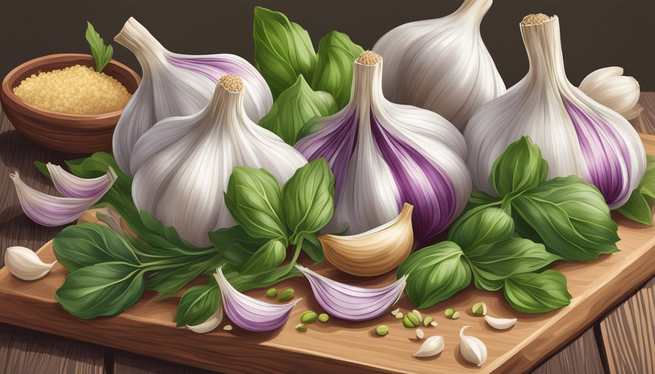 A bunch of unripe garlic bulbs arranged on a cutting board, surrounded by fresh herbs and spices