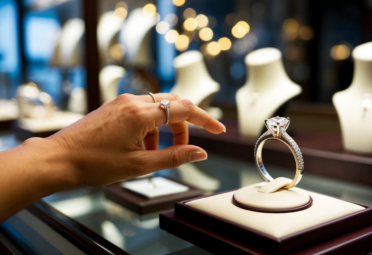 A hand reaching for a wedding ring on display in a jewelry store