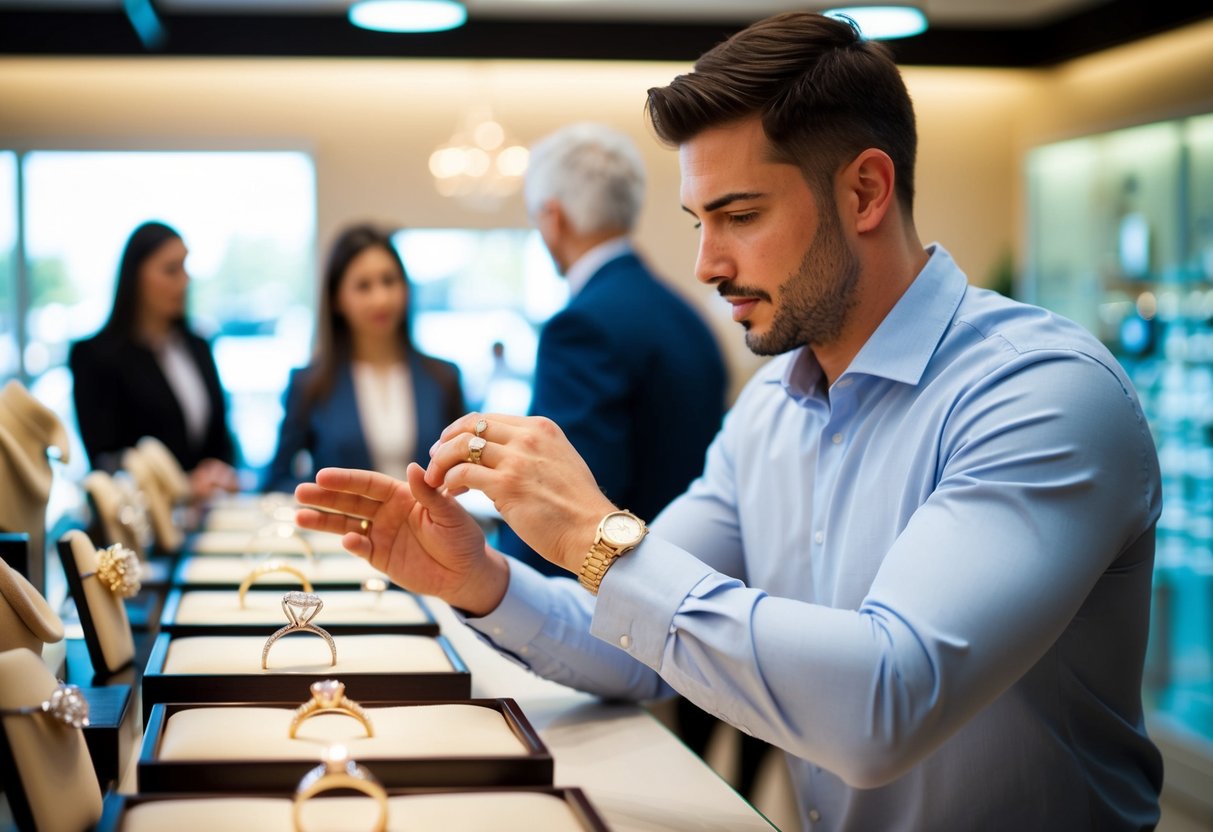 A man browsing wedding rings in a jewelry store, trying on different styles and discussing options with the salesperson