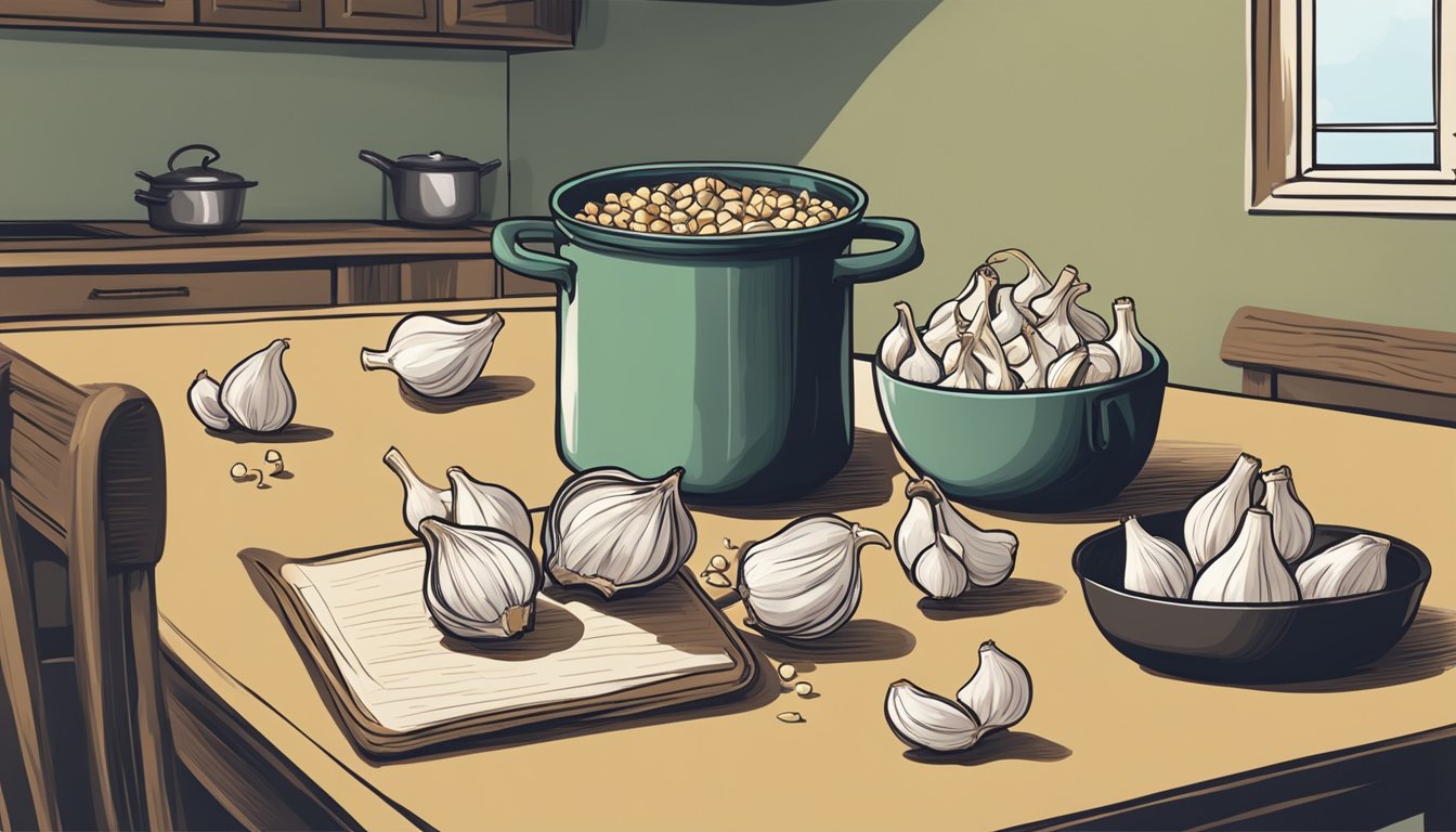 A table with a pile of raw garlic bulbs on one side and a pot of cooked garlic on the other, with a question mark hovering above