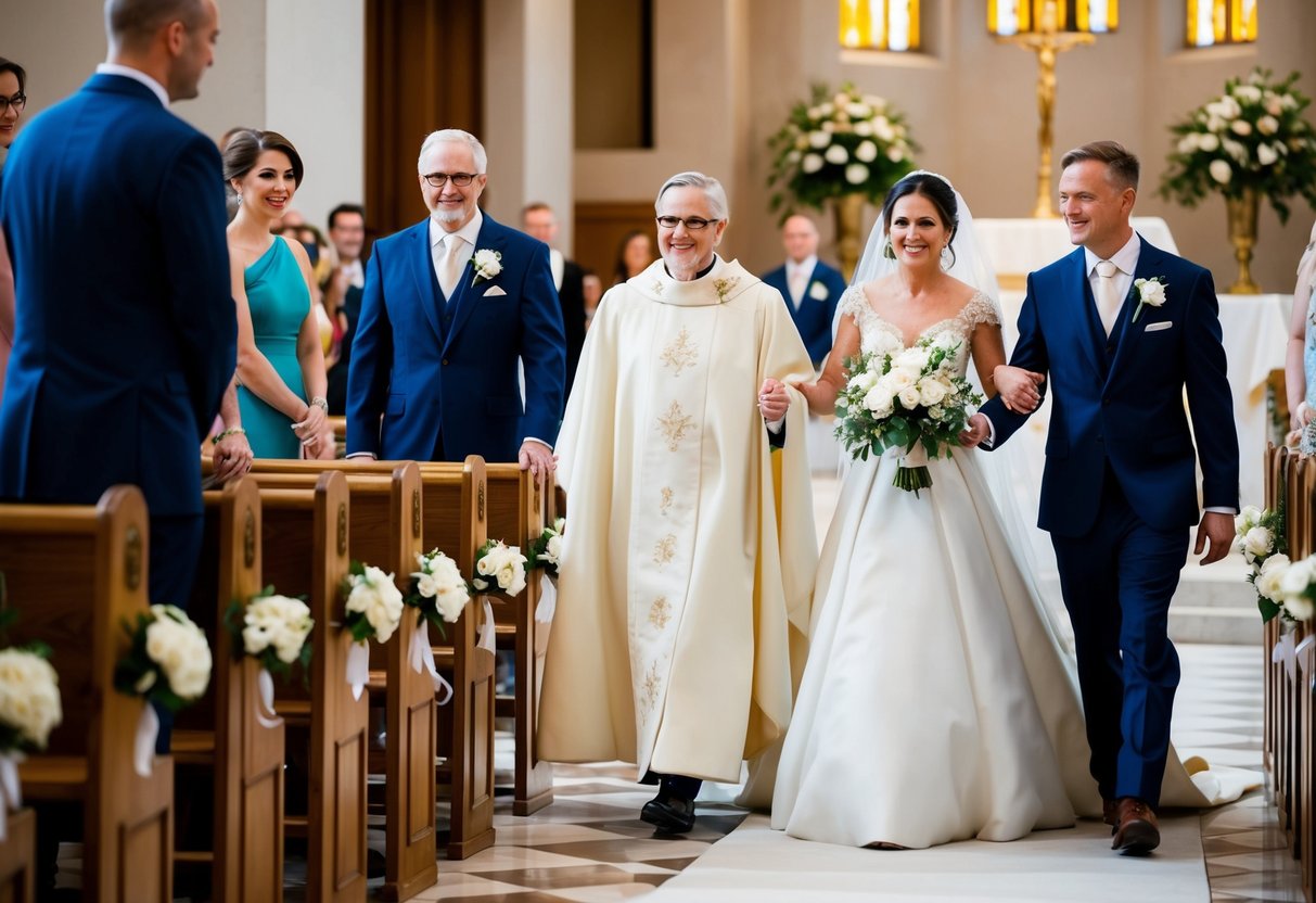 A figure leads the bride to the altar, while another figure escorts her away after the ceremony
