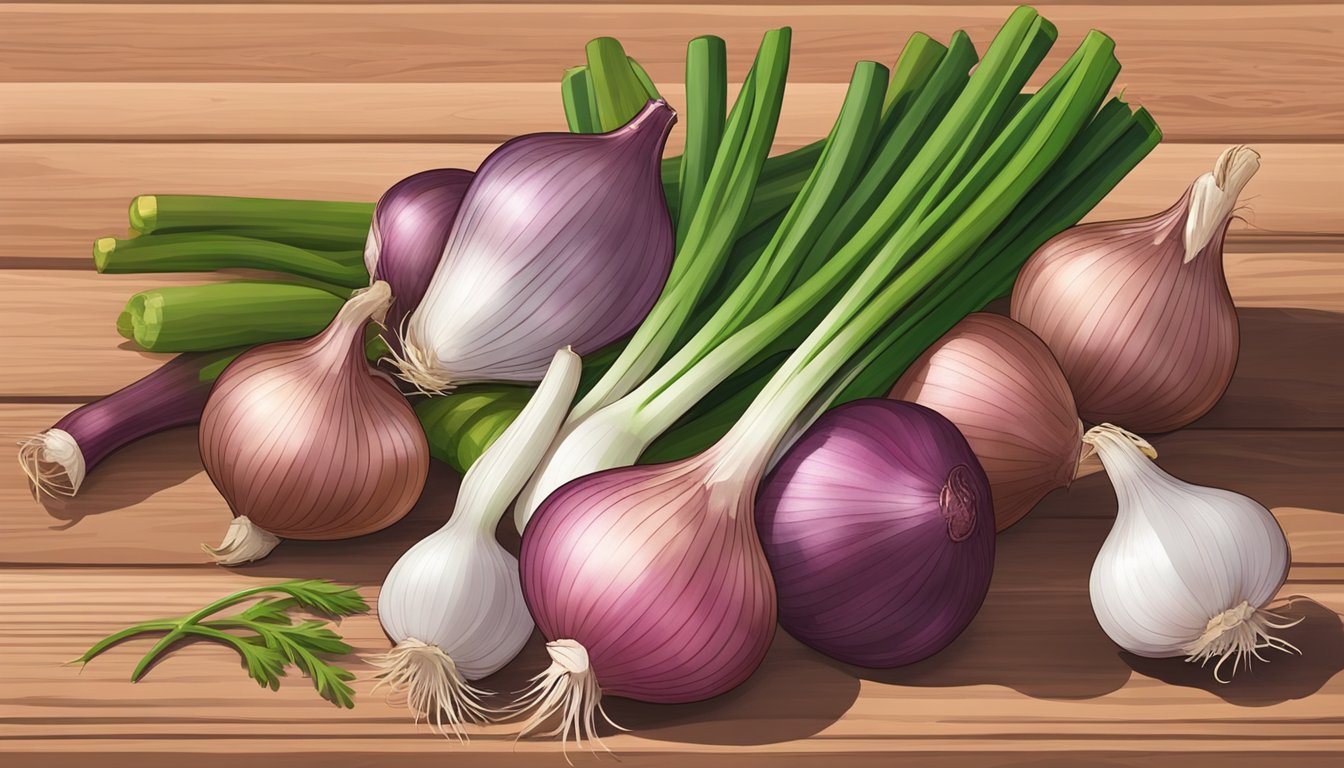 A pile of shallots, some still green and unripe, others fully mature and ready to eat, arranged on a wooden cutting board