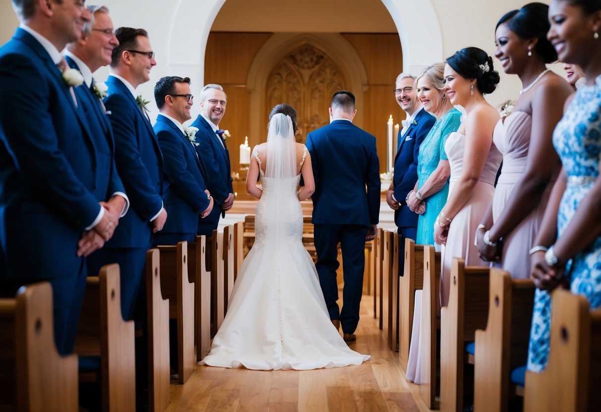 A group of figures stand in a line, with the bride at the end, facing the altar. A figure is leading her forward, while others look on with joy and anticipation
