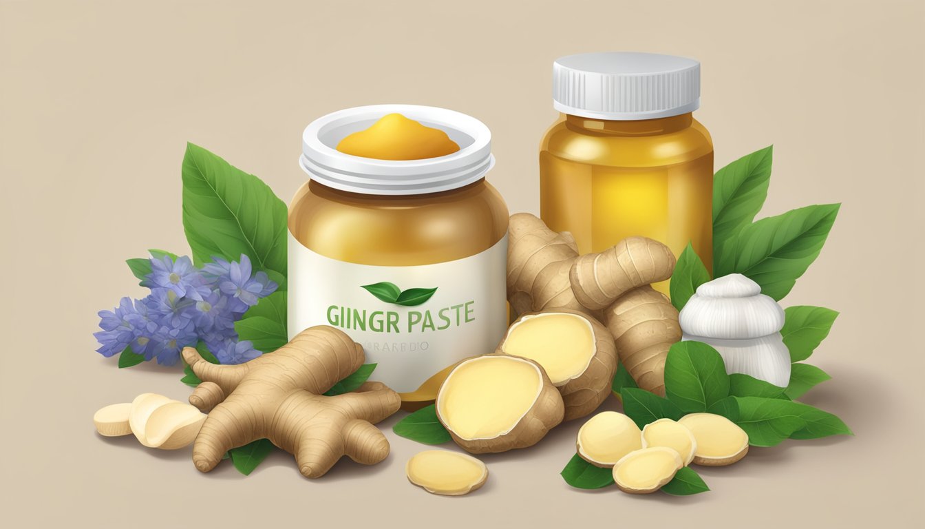 A jar of expired ginger paste next to fresh ginger root and a variety of health supplements