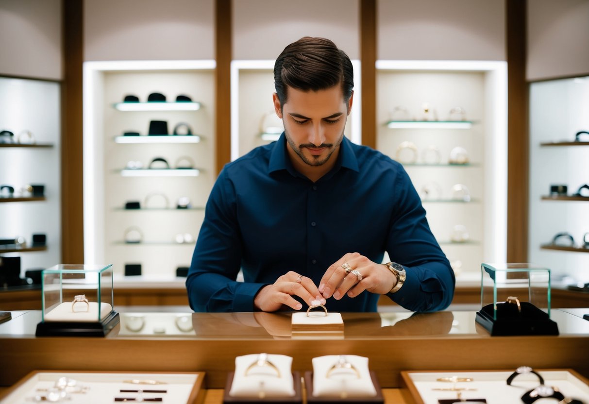 A man browsing wedding rings in a jewelry store, considering different styles and materials