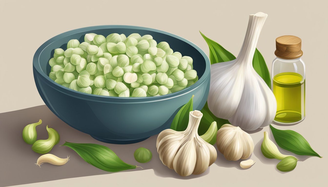 A bowl of unripe garlic next to various forms of garlic supplements