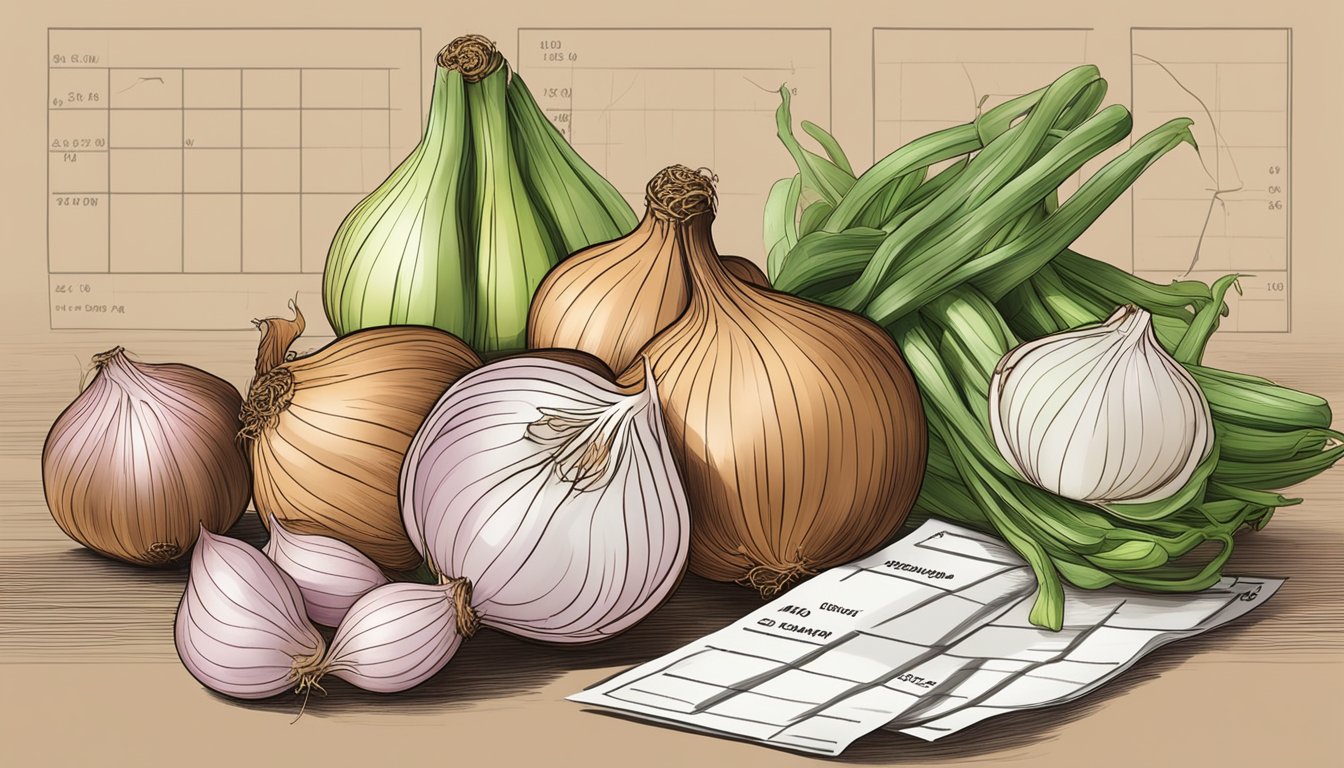 A pile of shallots, some ripe and some unripe, with a nutritional chart in the background