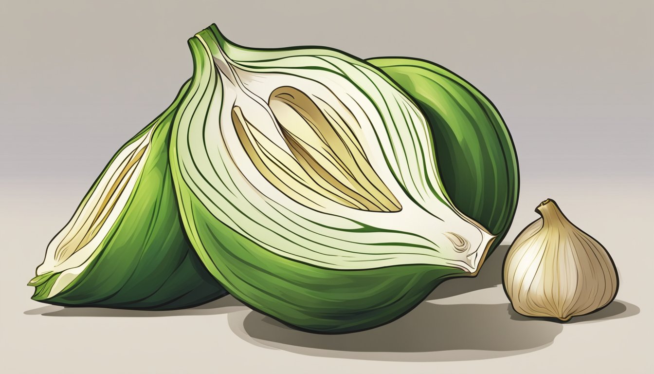 An unripe shallot being sliced open, revealing the pale, firm interior