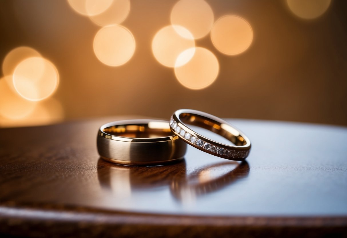 Two wedding rings resting on a polished wooden surface, bathed in soft, warm light