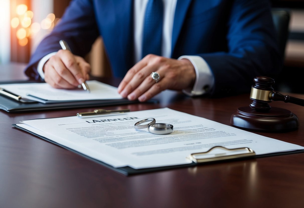 A lawyer's desk with two wedding rings and legal documents