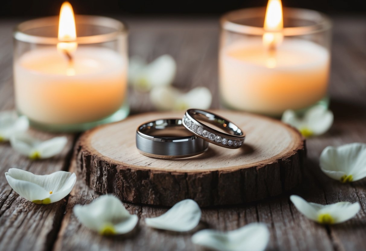 Two wedding rings resting on a rustic wooden surface, surrounded by delicate flower petals and soft candlelight