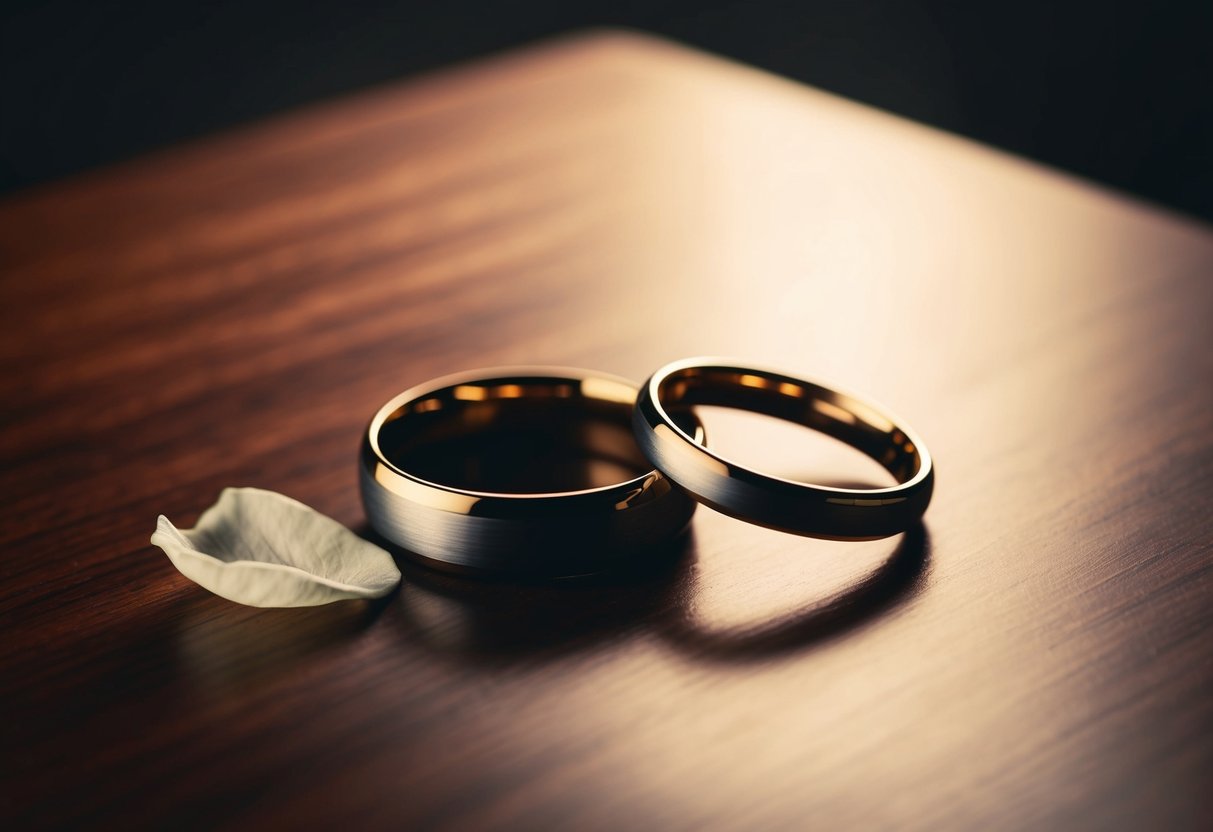 Two wedding rings resting on a polished wooden surface, bathed in soft, warm light. A single rose petal lies beside them, evoking a sense of loss and remembrance