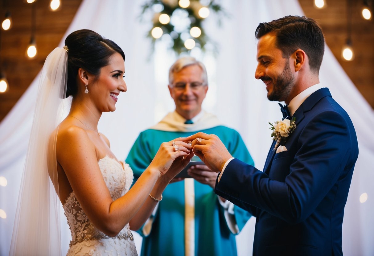 A bride and groom exchange rings at a wedding altar