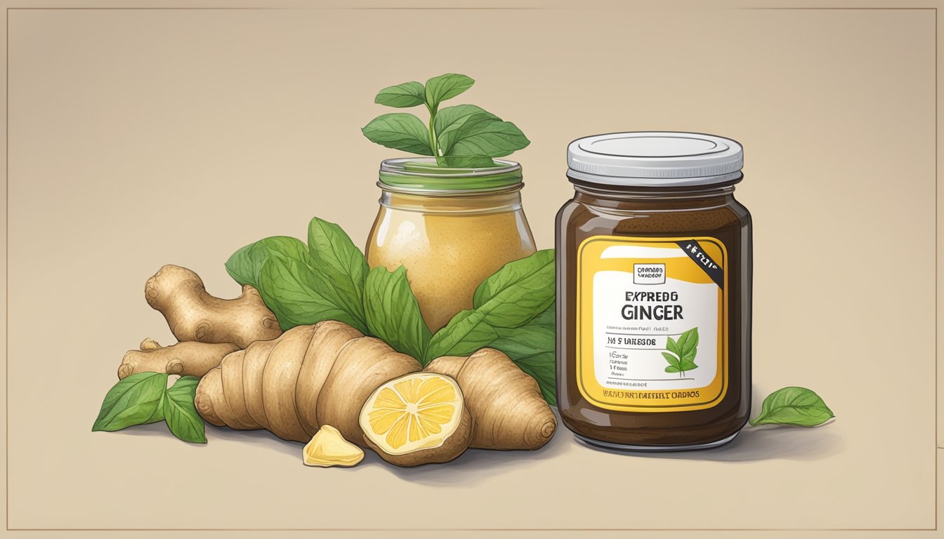 A jar of expired ginger paste next to fresh ingredients and a warning label