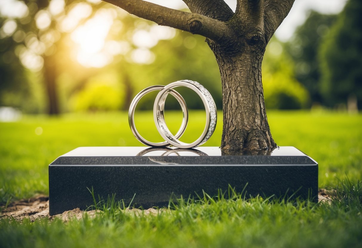 A tree grows from a grave, its branches intertwining to form two wedding rings